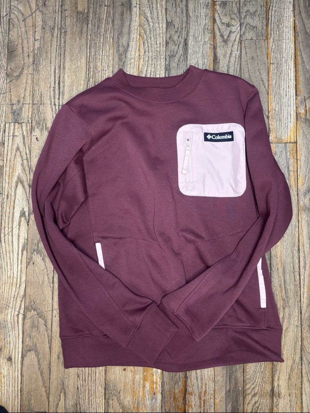 Columbia Men's Plum Crewneck Sweater with Pale Pink Zip Pocket